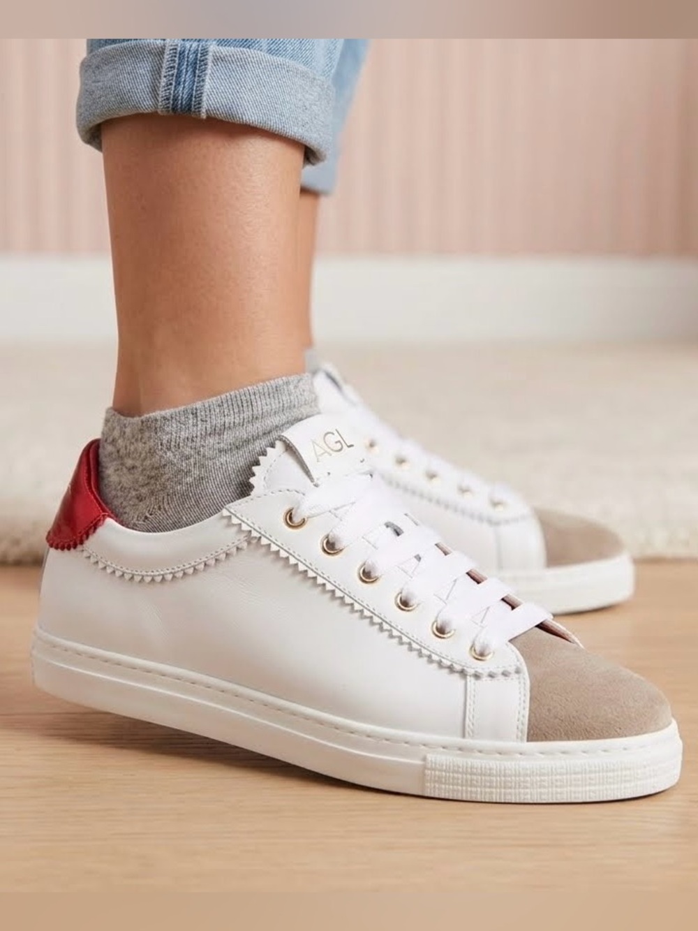 AGL Sade White Leather Cap Toe Tennis Shoe Sneaker, Red/Beige Size 39.5/9.5 NWOT
